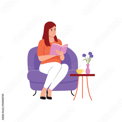 Vector illustration of a woman reading a book. Cartoon scene of a redhead girl sitting in a chair, reading a book, a table with hot coffee, a vase of wildflowers isolated on a white background.