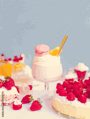 Desserts assortment with cake, strawberries, and whipped cream on table  