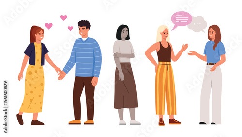 Vector illustration of psychological pressure. Cartoon scene of girls gossiping against another, upset girl, couple in love isolated on white background. Not being accepted into the company. Bullying.