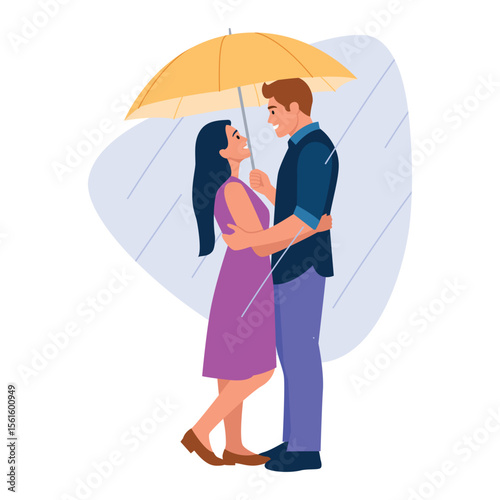 Vector illustration of a couple in love standing in the rain.Cartoon scene of a guy and a girl standing hugging,looking at each other, holding an umbrella from the rain isolated on a white background.