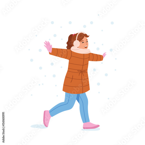 Vector illustration of a happy girl running under the falling snow. Cartoon scene of a little girl dressed in a warm winter down jacket, pants, mittens, fur headphones isolated on a white background.