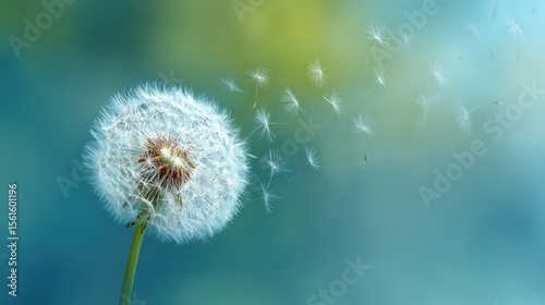 Close-up of a Dandelion Seed Head with Floating Seeds in Bright Natural Light.