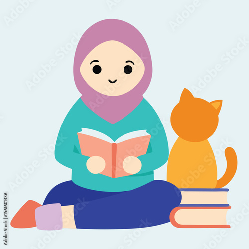 Cheerful girl wearing hijab with cute cat illustration