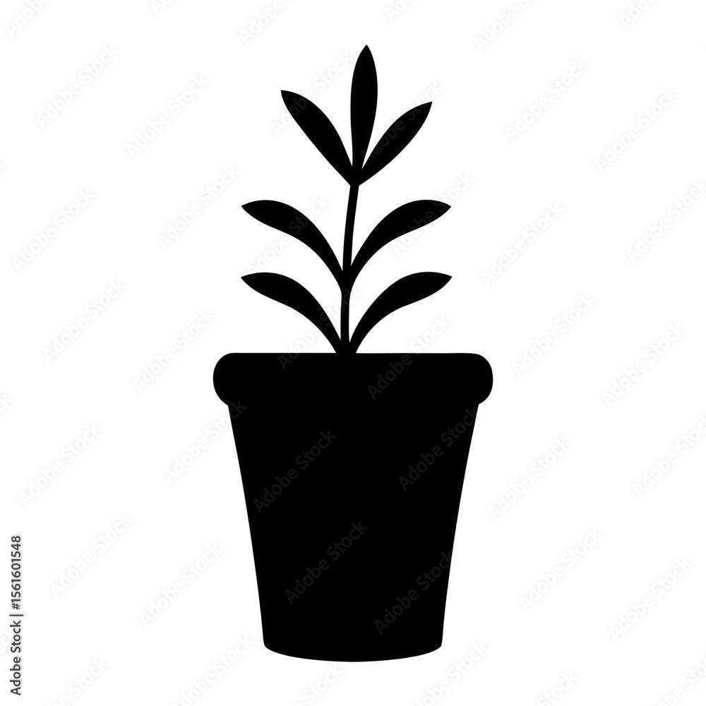 Fototapeta premium Black Silhouette of Potted Plant with Small Leaves, A black silhouette of a small potted plant with slender leaves, symbolizing nature, growth, and home decor. 