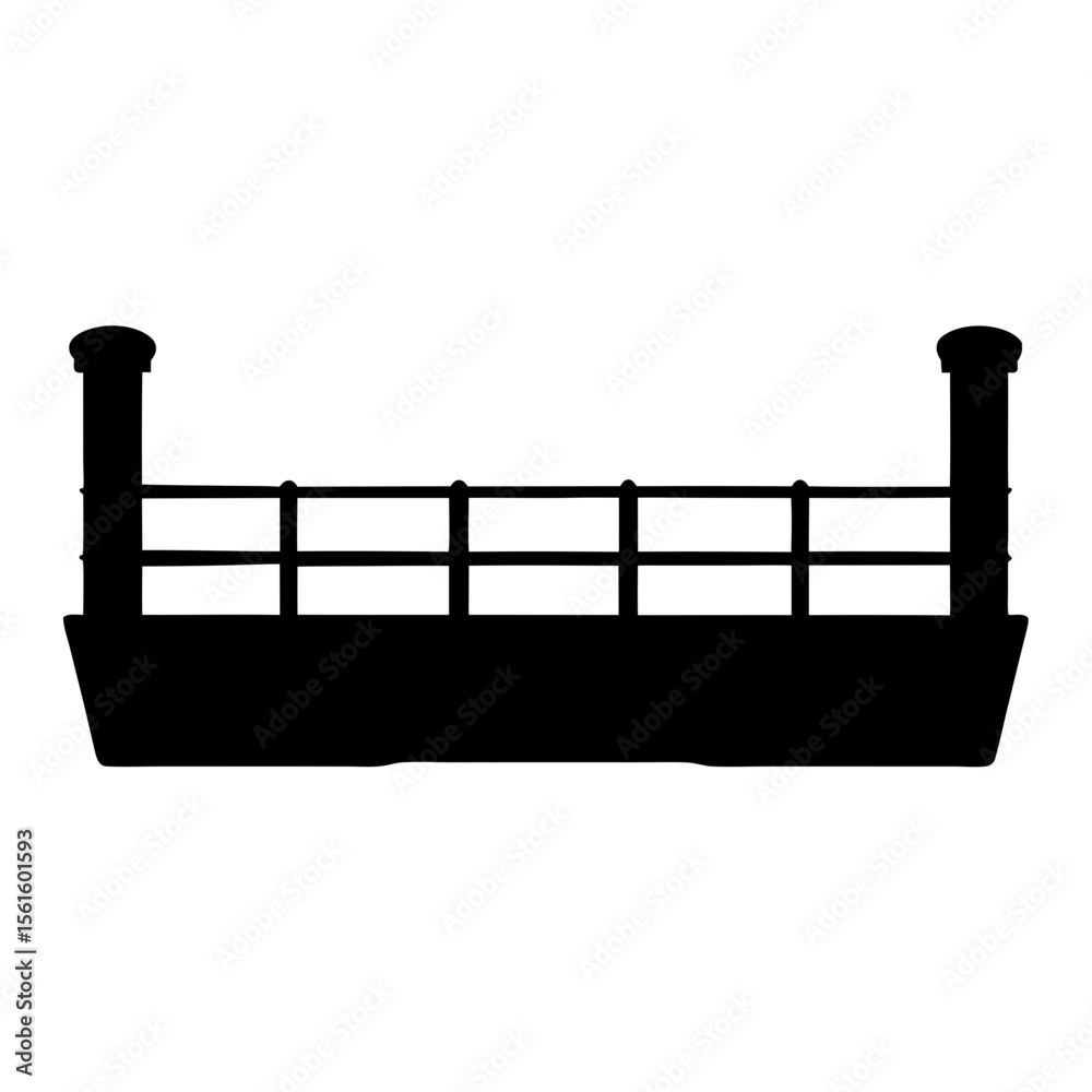 Naklejka premium Black Silhouette of Industrial Platform with Railings, A black silhouette of an industrial platform with railings and chimneys, symbolizing manufacturing or construction. 