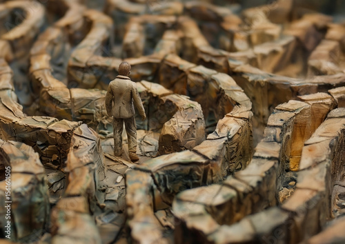 Confused man made of clay in the center of a maze