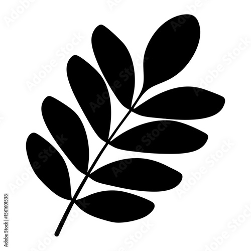 Black Silhouette of Leaf Branch with Oval Leaves, A black silhouette of a leaf branch with oval-shaped leaves, symbolizing nature, plants, and growth.
