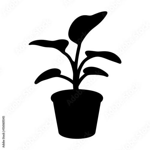 Black Silhouette of Potted Plant with Broad Leaves, A black silhouette of a potted plant with broad leaves, symbolizing greenery, nature, and home decor.
