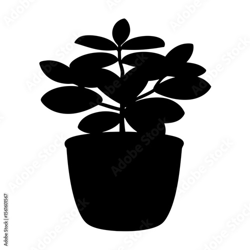 Black Silhouette of Potted Plant with Oval Leaves, A black silhouette of a potted plant with oval-shaped leaves, representing nature, greenery, and home decor.
