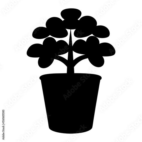 Black Silhouette of Potted Flowering Plant, A black silhouette of a potted plant with flower-like leaves, symbolizing nature, home decor, and gardening.
