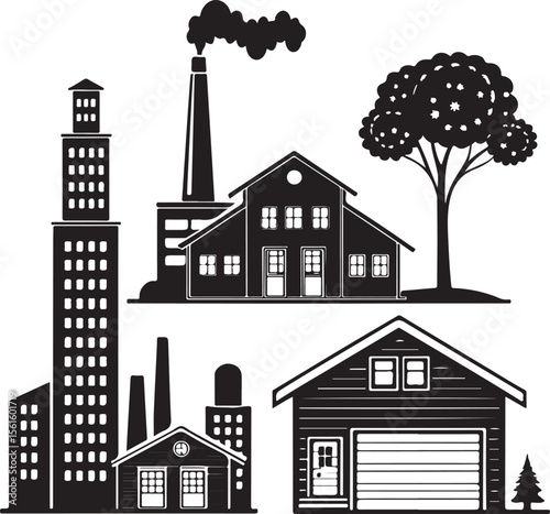 Black and white vector illustration of city buildings homes factory and tree silhouettes