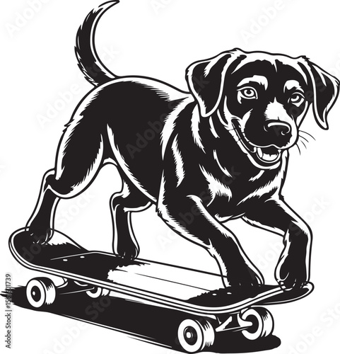 Vector illustration of a black dog riding a skateboard in a stylish monochrome design