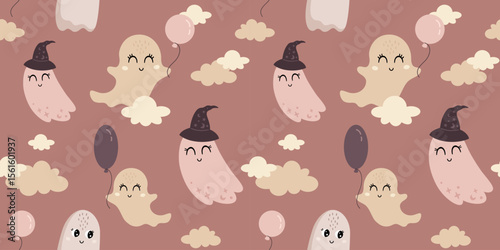 Cute Halloween ghost seamless pattern. Spooky Halloween hand drawn vector background