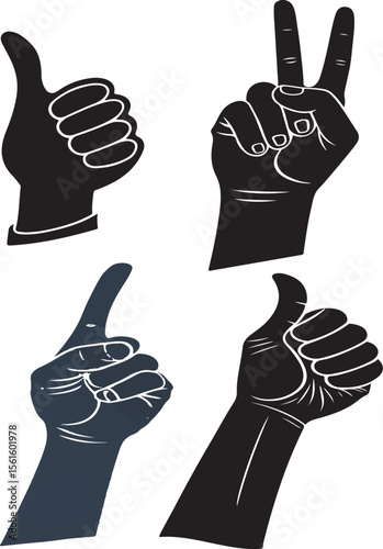 Various gesturing hand silhouettes in black and white expressing different meanings and messages