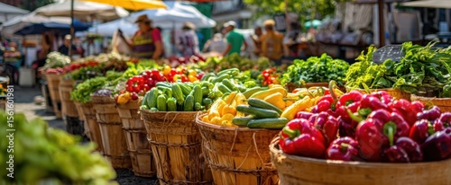The vibrant vegetable market bustling with fresh produce and colorful baskets.