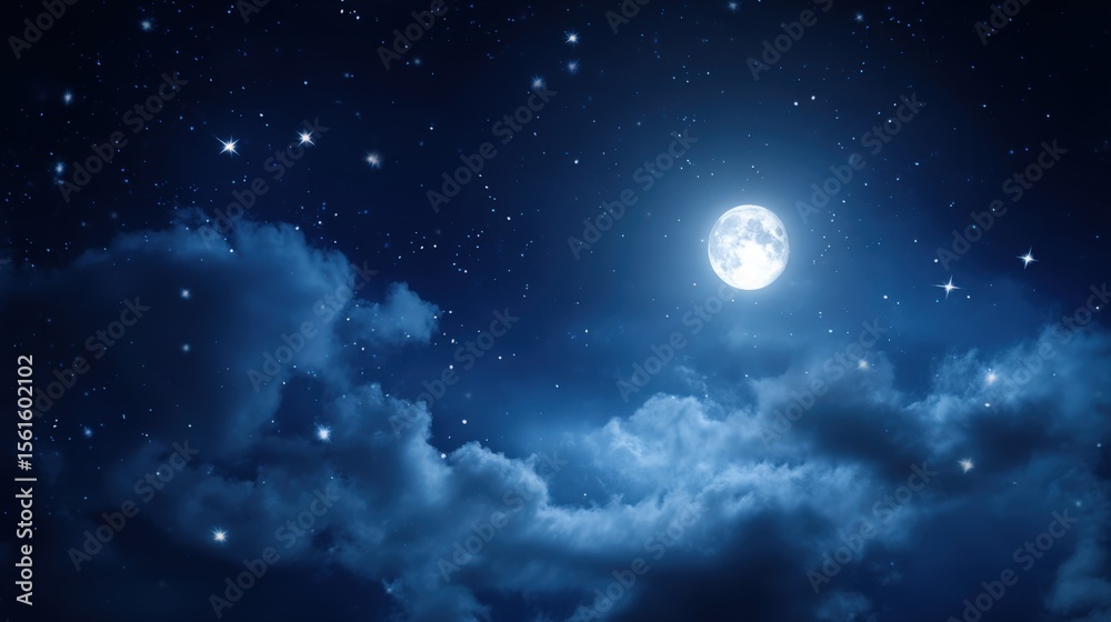 Fototapeta premium Clear night sky with bright full moon stars and fluffy clouds over dark landscape.