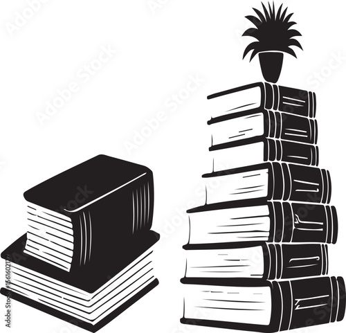 Vector illustration of books piled up with a plant in a pot symbolizing knowledge and learning