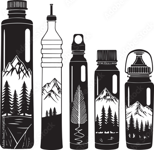 Black and white vector illustration of water bottles with mountain and forest scenes