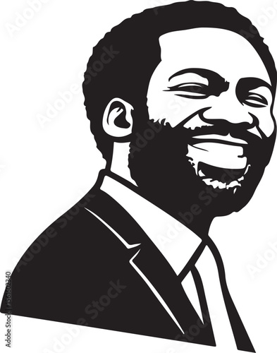 Black and white vector illustration of a smiling african american man in a suit and tie