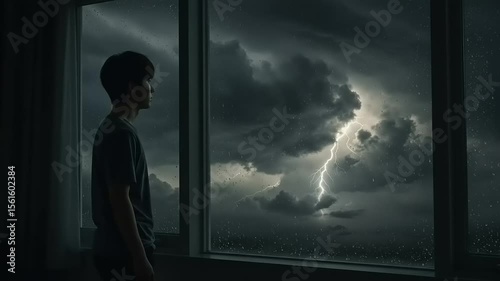 Person looking at stormy weather through window