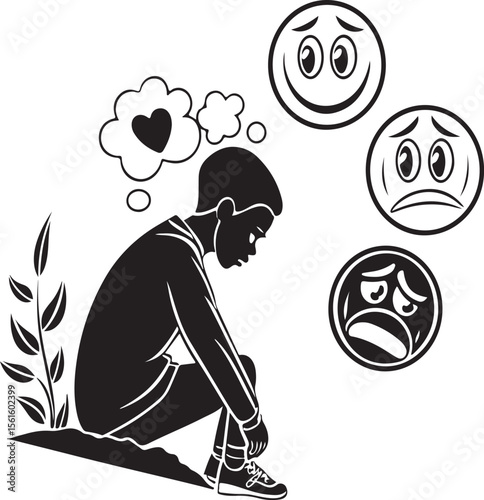 Silhouette of a young person contemplating emotions with thought bubbles and smiley faces