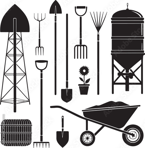 Vector illustration of gardening equipment and tools in black and white silhouettes