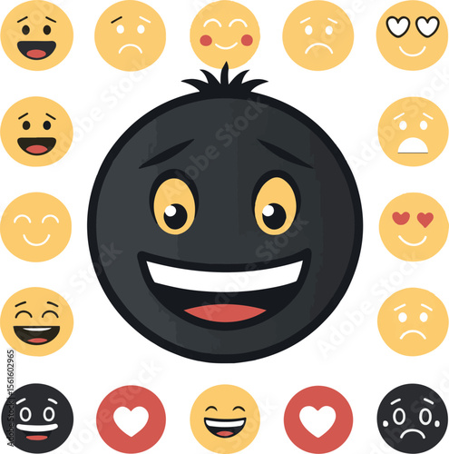 Smiling black emoji surrounded by various circular emoji emoticons representing different emotions