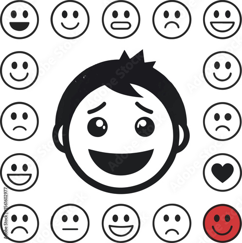 Expressive boy illustration surrounded by diverse emotional smiley faces and icons