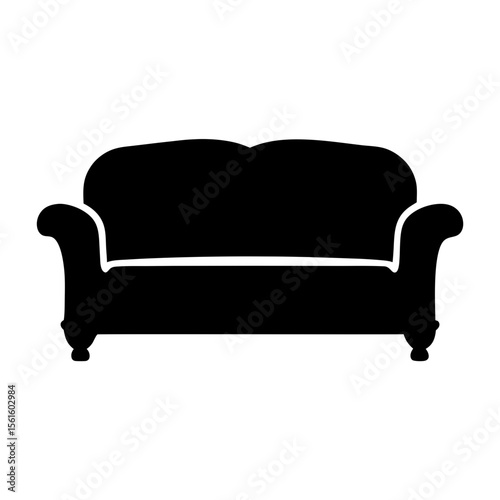 Simple black silhouette illustration of a sofa isolated on a white background
