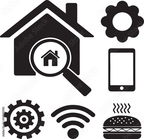 Black and white illustration of various icons representing technology and everyday concepts