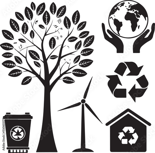 Black and white illustration of environmental conservation symbols and eco friendly concept