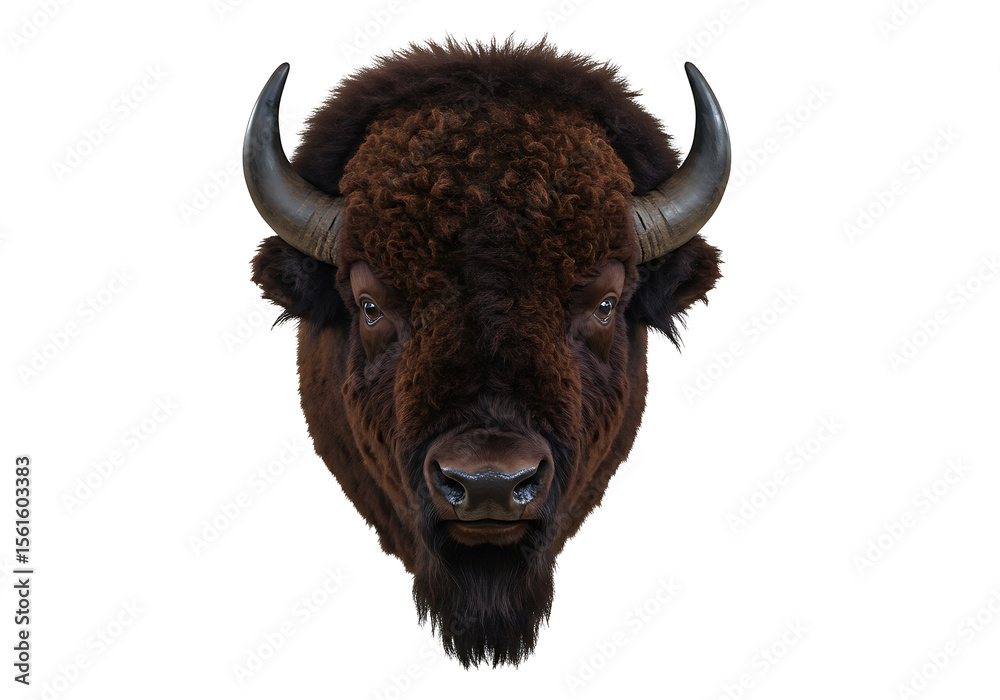 Bison head shot brown woolly fur dark horns detailed nose direct gaze black background Bison head shot brown woolly fur dark horns detailed nose direct gaze black background