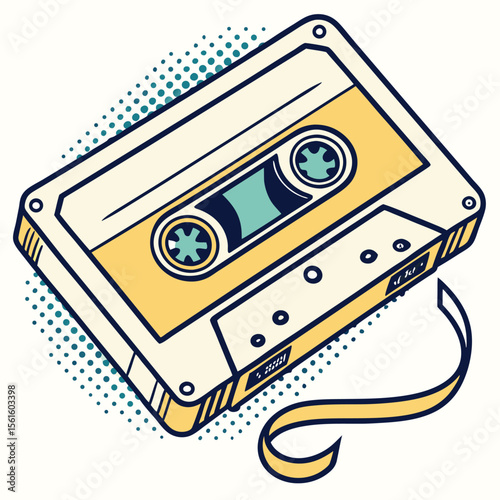Retro cassette tape illustration with a yellow case and a loose tape tail on a dotted background
