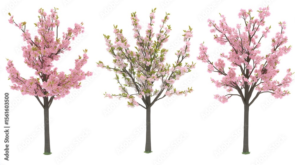 Obraz premium Three Blooming Pink Cherry Trees Spring Nature