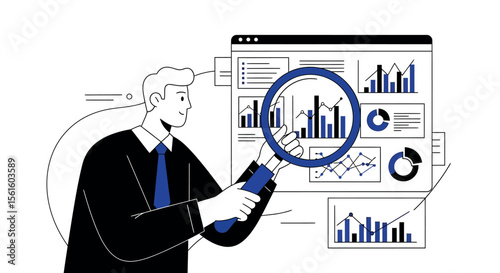Businessman Analyzing Data Charts and Graphs with Magnifying Glass - Line Art Illustration