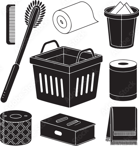 Collection of bathroom and cleaning supplies illustrated in black and white vector graphic