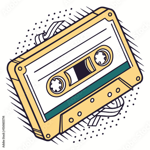 A retro cassette tape illustration with a yellow case and a white label and black accents design