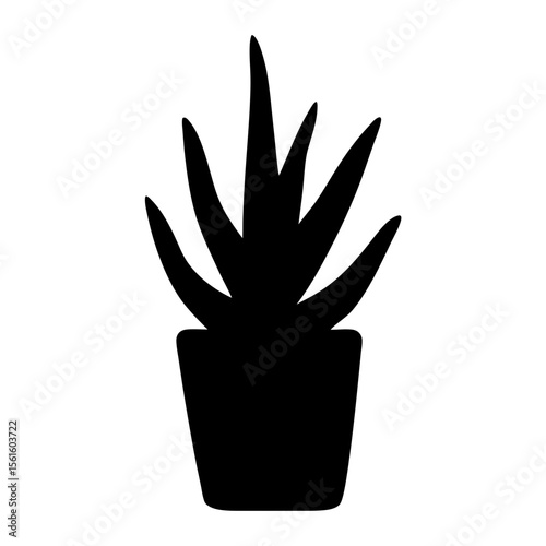 Black Icon of an Aloe Vera Plant, A black silhouette of an aloe vera plant in a pot, representing wellness, nature, and home decor themes.
