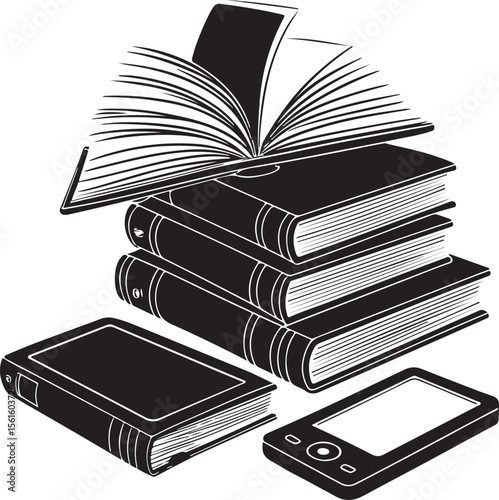 Black and white stack of books with e-reader illustrating modern education and literacy