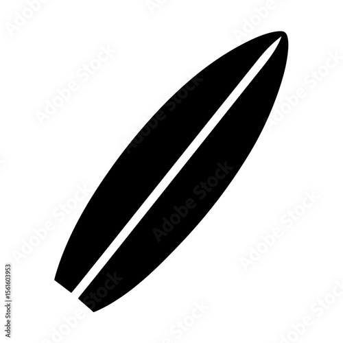 Minimalist black silhouette of a surfboard isolated on a white background