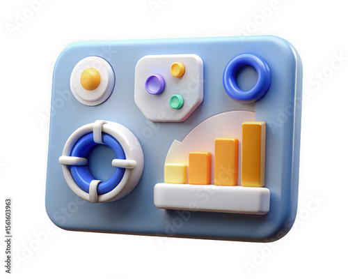 A colorful 3d control panel with various buttons and a chart is isolated on transparent background