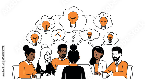 Diverse Team Brainstorming Ideas, Innovative Collaboration, Creative Meeting Illustration