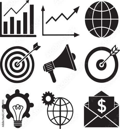 Business and financial icons representing growth targets ideas and global marketing concepts