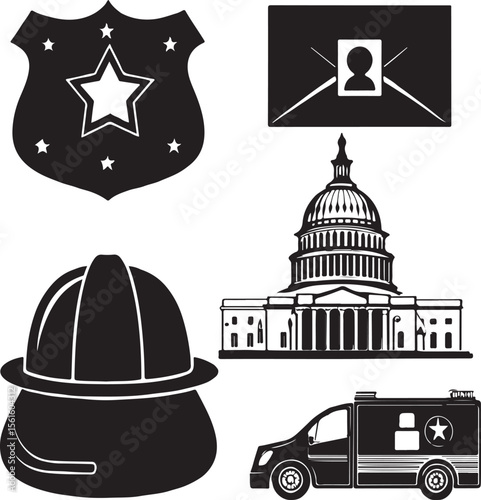 Black and white silhouettes of law enforcement government and emergency services symbols