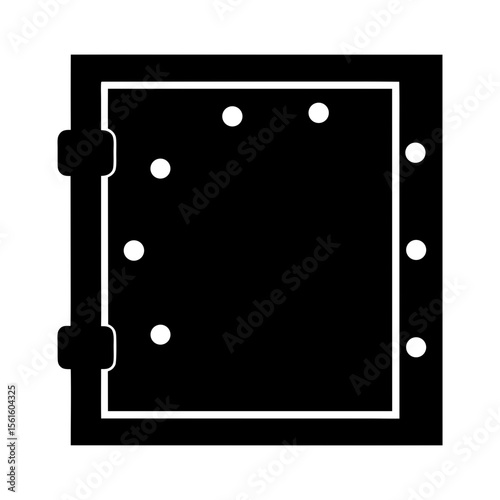 Isolated black outline square box with hinged cover and circular elements