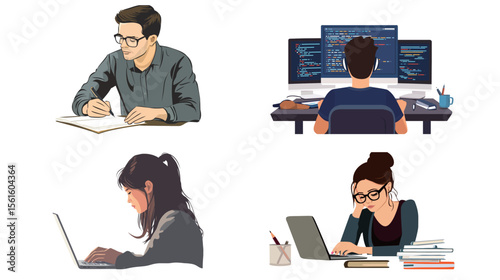 Focused Individual Working Intently Coding – Programmer at Computer Vector Illustration