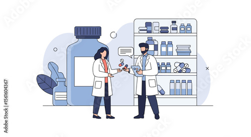 Two pharmacists in lab coats discussing medication in a pharmacy setting with shelves full of bottles and a large medicine container