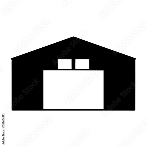 Silhouette illustration of barn or warehouse with open door and windows