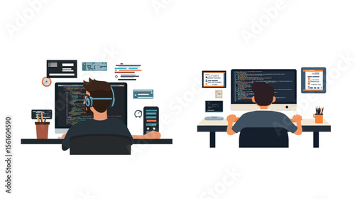 Focused Individual Working Intently Coding – Programmer at Computer Vector Illustration