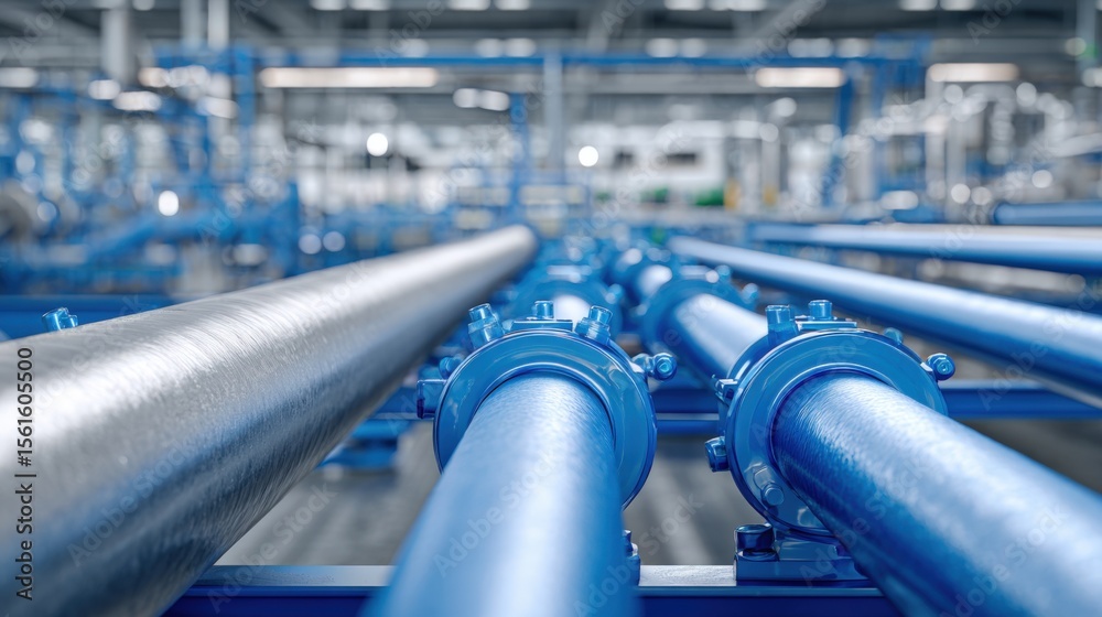 Industrial piping system with large metal pipes in factory or plant setting. Industrial piping system with large metal pipes in factory or plant setting.